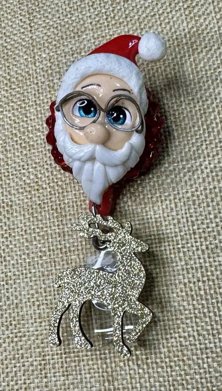 Santa With Glasses Handmade Badge Reel With Red Rhinestones On Alligator Clip